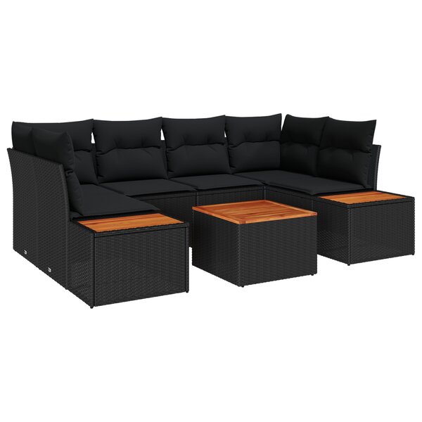 vidaXL Ensemble de canapé de jardin 7 pièces avec coussins noirs en poly rotin et acacia
