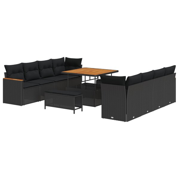 Ensemble de canapé de jardin 11 pièces avec coussins noir en rotin et acacia