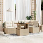 Ensemble de Canapé de Jardin de 6 Pièces avec Coussins Beige en Poly Rotin Acacia