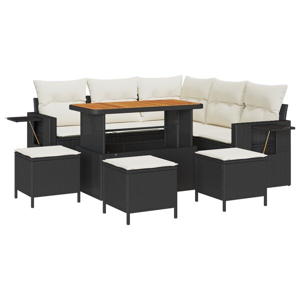Ensemble de Canapé de Jardin 9 Pièces avec Coussins Noir Rattan Poly Acacia