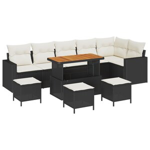 Ensemble de canapé de jardin 10 pièces avec coussins Noir Rotin Poly Acacia