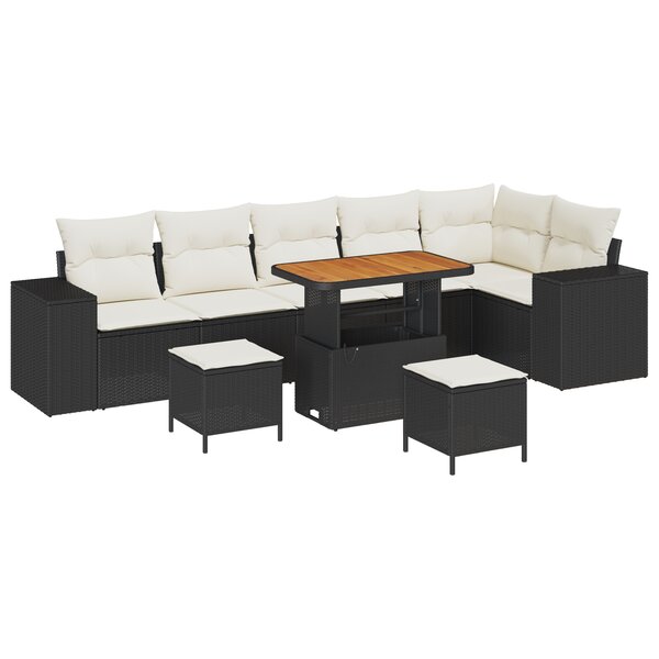 Ensemble de canapé de jardin 9 pièces avec coussins en rotin poly noir acacia