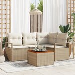 Ensemble de Canapé de Jardin de 5 Pièces avec Coussins Beige Rattan Poly Acacia