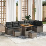 Ensemble de Canapés de Jardin 9 pièces avec Coussins Gris Poly Rattan Acacia