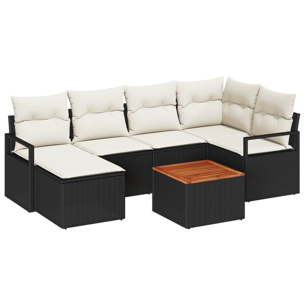 Ensemble de Canapé de Jardin 7 Pièces avec Coussins Noir Rattan Poly Acacia