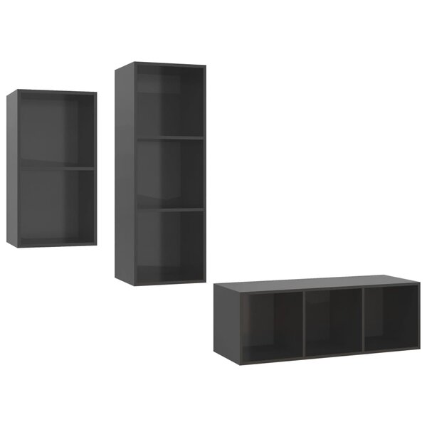 vidaXL Ensemble de meubles TV 3 Pièces Gris brillant Bois d'ingénierie