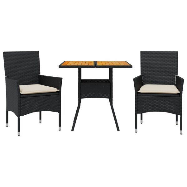 vidaXL Ensemble à manger de jardin et coussins 3 Pièces noir rotin acacia