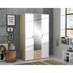 Armoire battante - Panneaux de particules - Blanc et chêne - 3 portes et 2 tiroirs + miroir - 121 x 54 x 200 1 cm - SELKEA