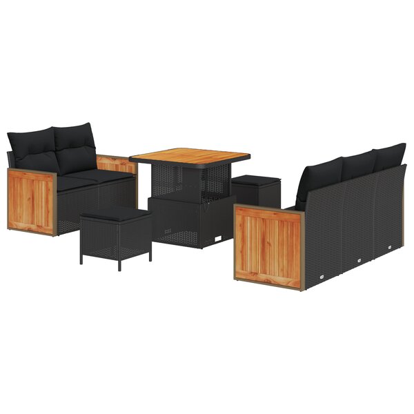 Ensemble de canapé de jardin vidaXL 8 pièces avec coussins noirs en poly rotin et acacia