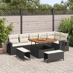 Ensemble de canapé de jardin 9 pièces noir avec coussins en poly rattan et acacia