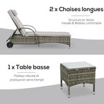 Lot de 2 transats bains de soleil grand confort : matelas  têtière  inclinaison réglable multipostions  accoudoirs  roulettes + table basse verre trempé résine tressée grise
