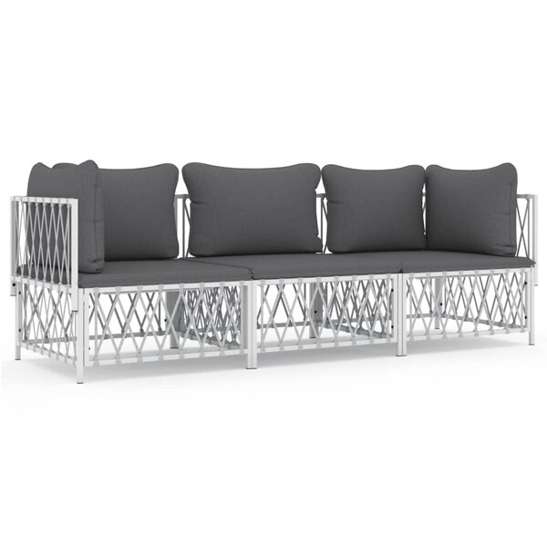 vidaXL Salon de jardin avec coussins 3 Pièces blanc acier