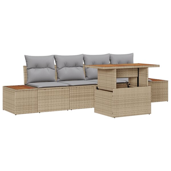 Ensemble de Canapé de Jardin 5 pièces avec Coussins Beige Poly Rattan