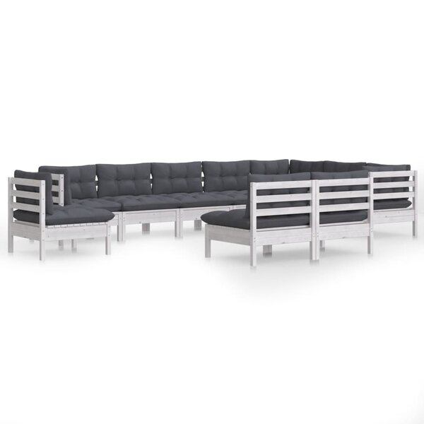 vidaXL Salon de jardin 10 Pièces avec coussins blanc bois de pin massif