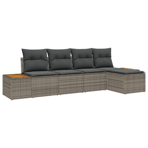 Ensemble de canapé de jardin 5 pièces avec coussins gris rattan poly acacia