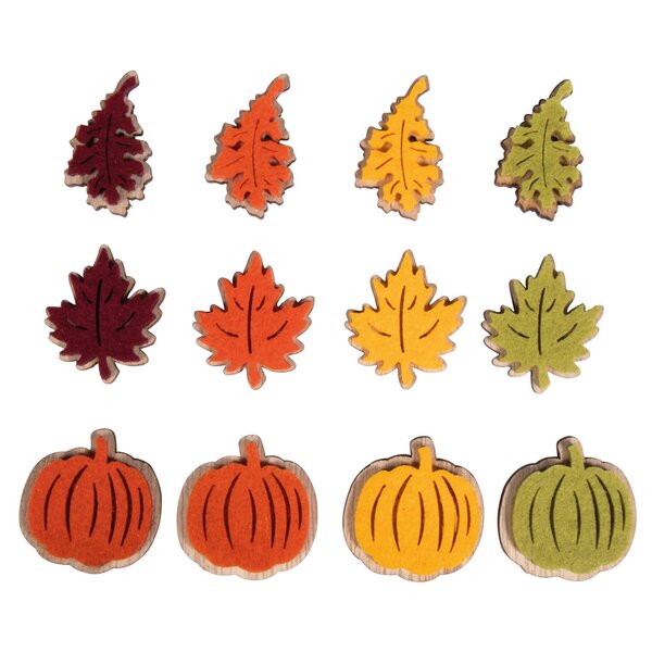 12 mini citrouilles et feuilles en bois adhésives - 3 types et 4 couleurs - 3 7 cm