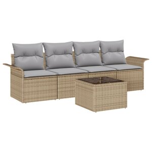 vidaXL Ensemble de Canapé de Jardin 5 Pièces avec Coussins Beige Poly Rattan