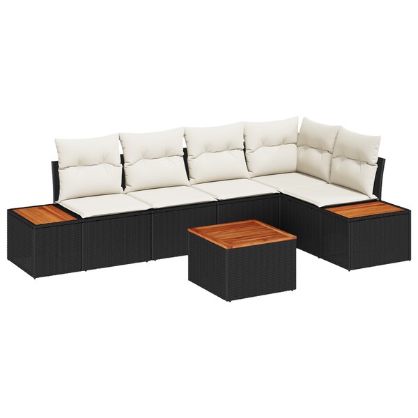 Ensemble de canapé de jardin 6 pièces avec coussins Noir Poly Rattan Acacia