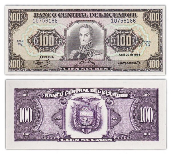 Billet de collection 100 sucres 1986 équateur - neuf - p123