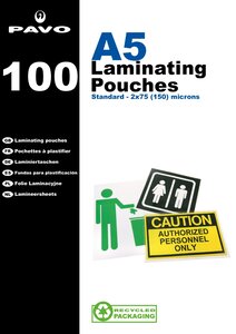 Pack de 100 Pochettes de Plastification A5 2 x 75 microns Brillant PAVO