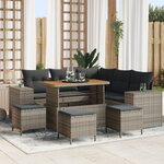 Canapé de jardin 9 pièces avec coussins en gris Poly Rattan Acacia