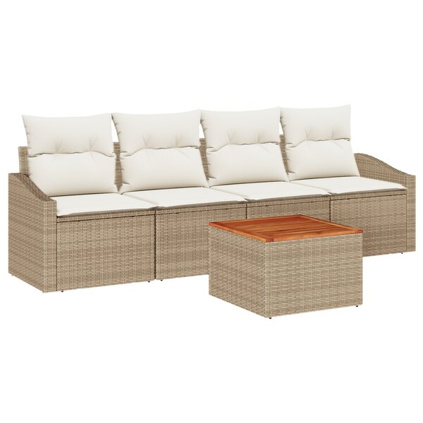 vidaXL Ensemble de Canapés de Jardin de 5 Pièces avec Coussins en Beige Poly Rattan Acacia