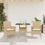 vidaXL Ensemble à manger de jardin et coussins 3 Pièces beige rotin verre