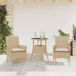 vidaXL Ensemble à manger de jardin et coussins 3 Pièces beige rotin verre