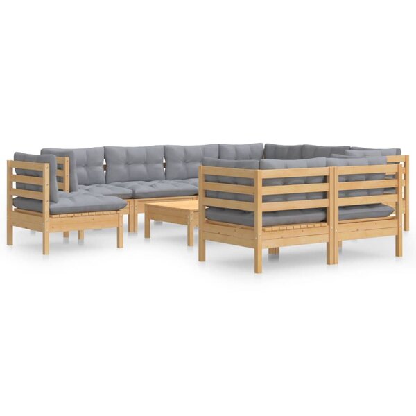 vidaXL Salon de jardin 10 Pièces avec coussins gris bois de pin massif