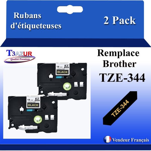 2x Rubans d'étiqueteuses compatibles avec Brother Tze344  Tze-344 pour étiqueteuses P-touch - Texte doré sur fond noir - Largeur 18 mm x 8 mètres - T3AZUR