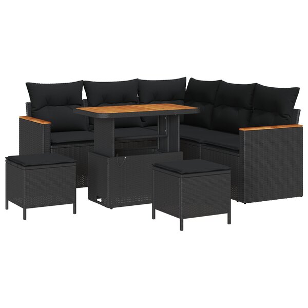 Ensemble de canapés de jardin de 8 pièces avec coussins noir rattan poly acacia