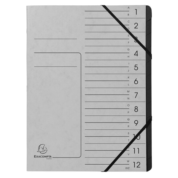Trieur Agrafé Avec Élastiques Intérieur Noir 12 Compartiments - A4 - Gris - X 10 - Exacompta