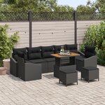 Canapé de jardin 10 pièces avec coussins en poly rattan noir