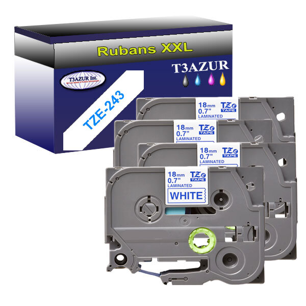 4 x Rubans pour étiquettes laminées générique Brother Tze-243 pour étiqueteuses P-touch - Texte bleu sur fond blanc - - T3AZUR