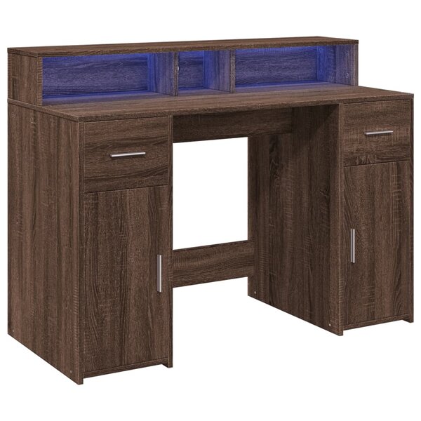 Bureau table poste de travail meuble d'ordinateur informatique étude et lumières LED chêne bois d'ingénierie brun 02_0023795
