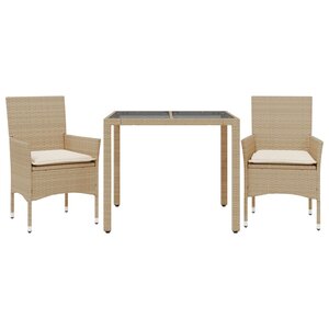 vidaXL Ensemble à manger de jardin et coussins 3 Pièces beige rotin verre
