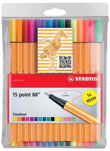 Pochette de 15 Stylo-Feutre POINT 88 Pointe Fine 0,4 mm dont 5 FLUO STABILO