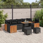 Set de Canapé de jardin 10 pièces avec coussins Noirs en Poly Rattan Acacia