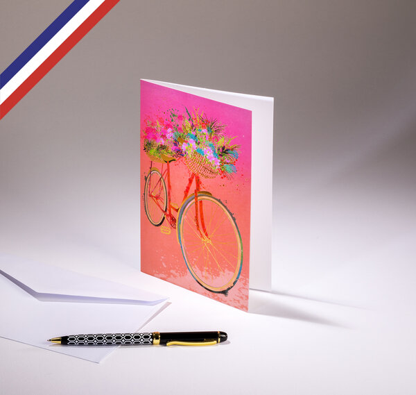 Carte double carnet de couleurs créée et imprimée en france sur papier certifié pefc - vélo fleuri