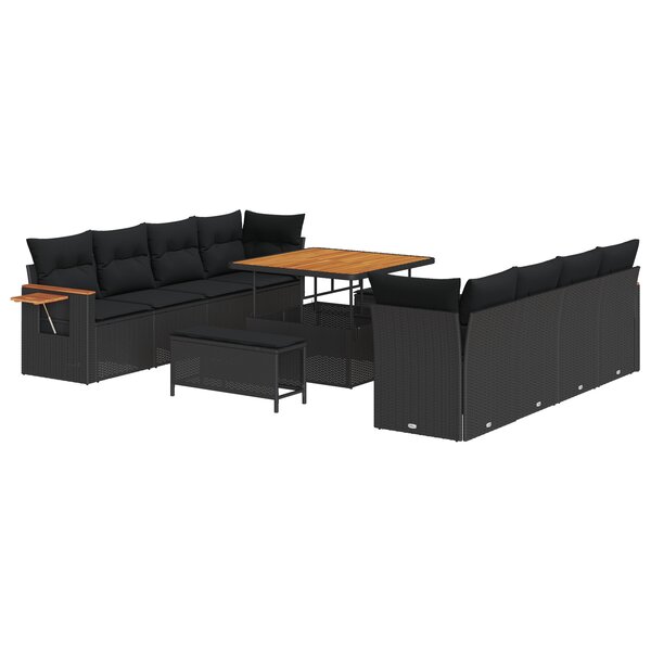 Ensemble de canapé de jardin de 11 pièces avec coussins noir poly rattan acacia