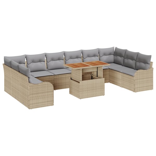 Set de canapé de jardin de 11 pièces avec coussins Beige Poly Rotin Acacia