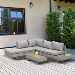 Ensemble salon de jardin d'angle 5 places design contemporain coussins déhoussables table basse acier époxy résine tressée grise
