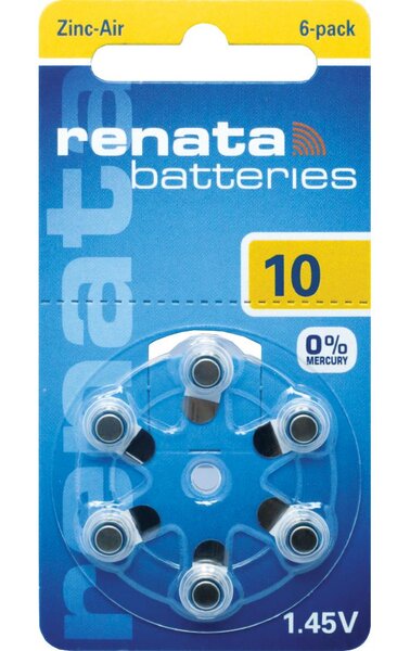 Blister de 6 Pile auditive ZA10 Zinc Air 0% Mercury 1,45V x 500 RENATA