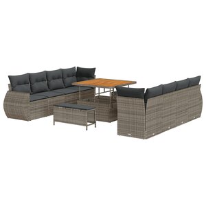 Ensemble de canapé de jardin de 11 pièces avec coussins gris poly rotin acacia
