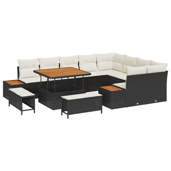 Ensemble de Canapé de Jardin 12 pièces avec Coussins en Poly Rattan Noir Acacia