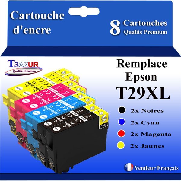 T3AZUR - 8x Cartouches compatibles avec Epson Expression Home XP-432  XP-435  XP-442  XP-445  XP-452  XP-455  T29XL