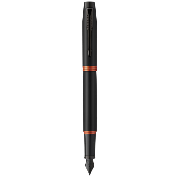 Stylo plume Parker IM Vibrant Rings  Satin noir laqué  attributs orange vif  plume fine  recharge d’encre bleue  Coffret cadeau