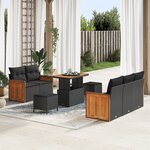 Canapé de Jardin 8 Pièces avec Coussins Noir Poly Rattan Acacia