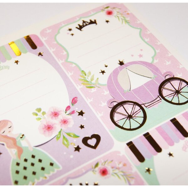 16 étiquettes adhésives scolaires - Rectangle - Princesses - Paillettes