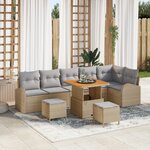 Ensemble de canapés de jardin 9 pièces avec coussins beige poly rotin acacia